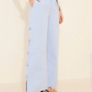 Find Me Now Light Blue Wide-Leg Linen Blend Pants with Pom Pom Detail